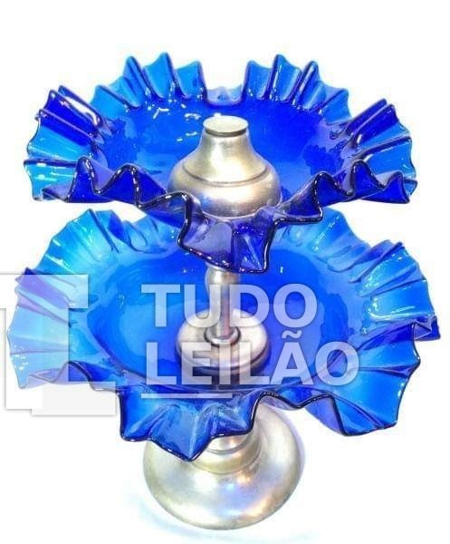 Doceira Francesa Em Metal Espessurado A Prata E Vidro Mão Azul Cobalto. 32 Cm De Altura